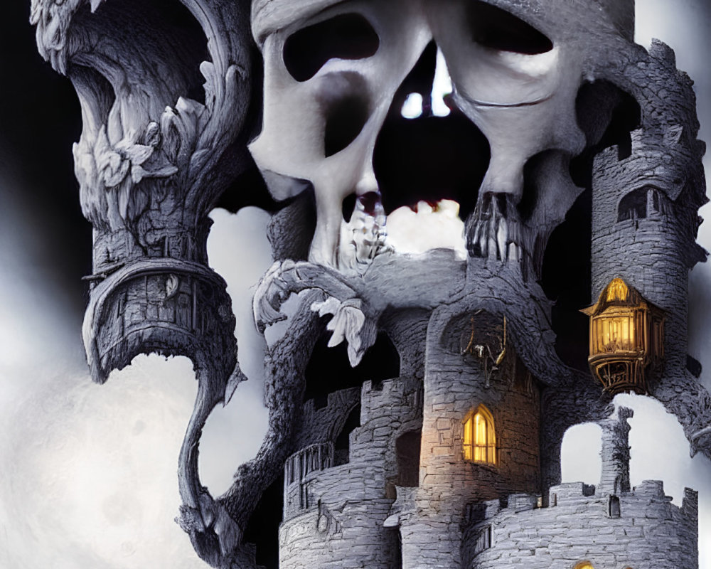 Surreal Gothic Castle with Skull Features and Cloudy Sky