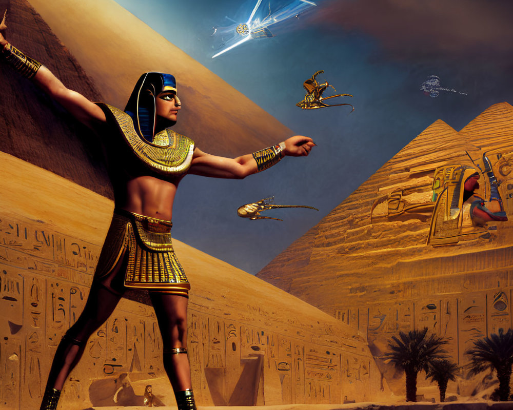 Stylized Egyptian figure in ancient attire with pyramids and futuristic space vehicles