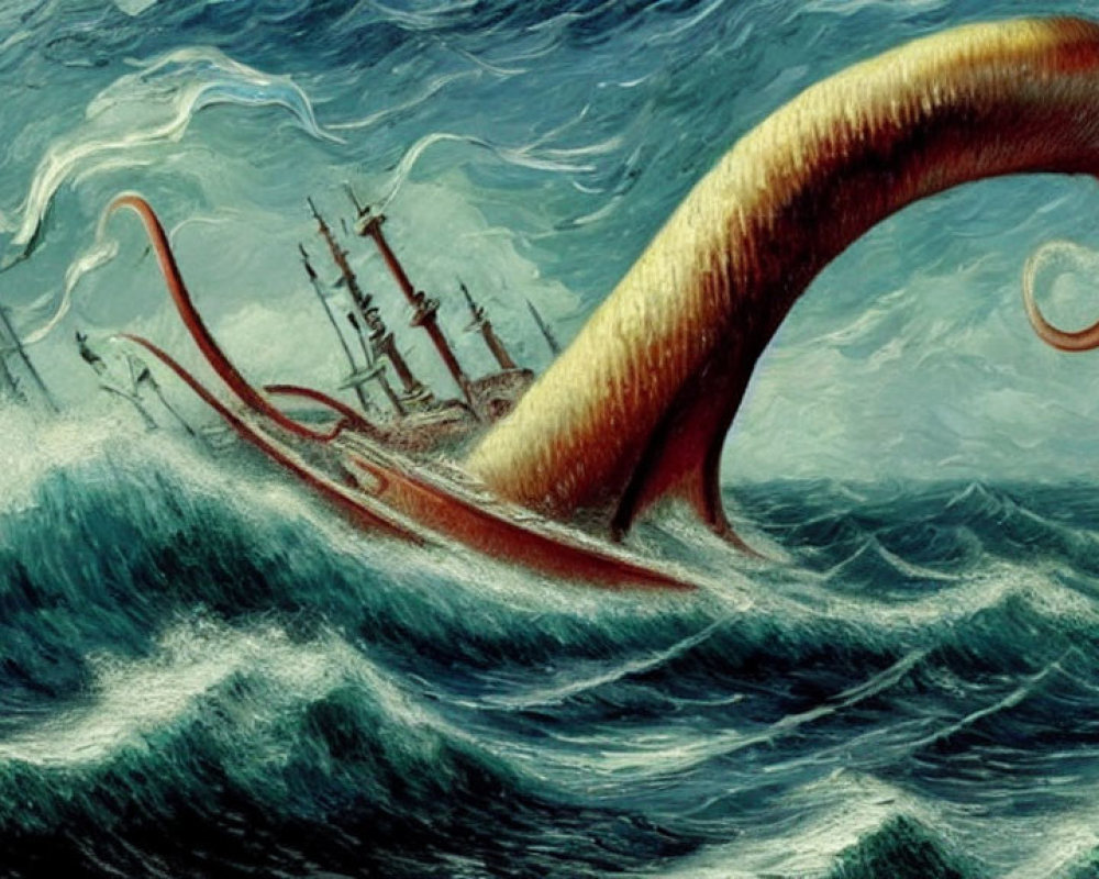 Giant sea monster with tentacles near sailing ship in stormy seas