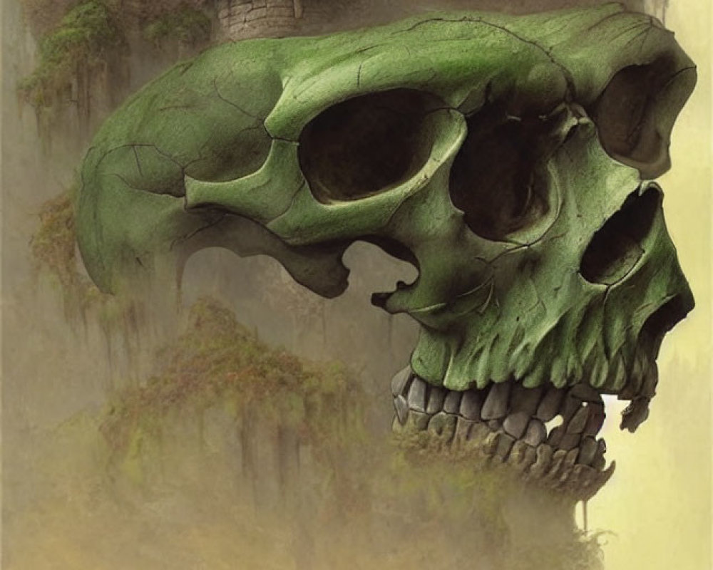 Large green moss-covered skull with castle in misty background