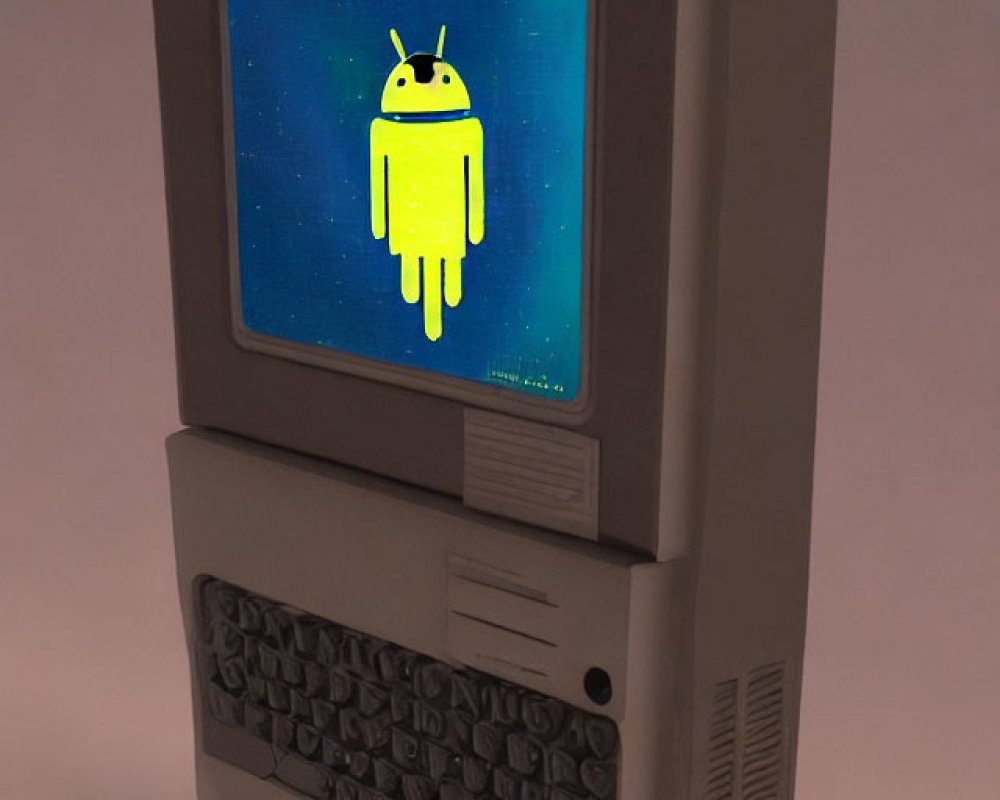 Vintage Beige Computer Showing Android Robot Image "Rododroid