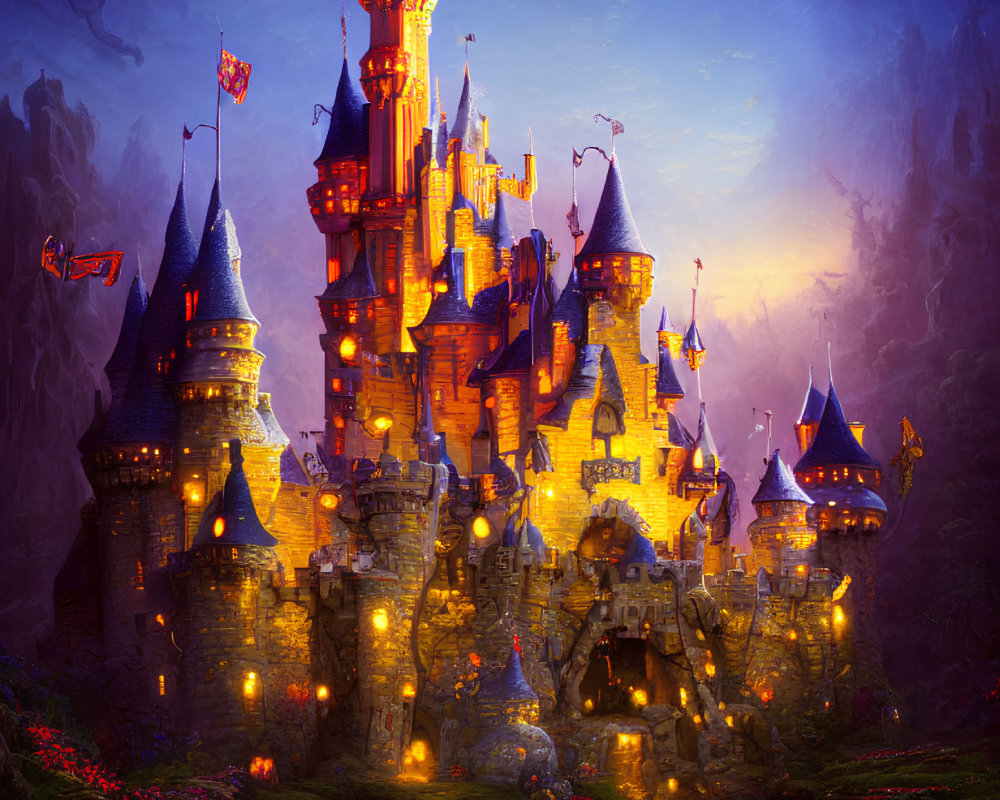 Illuminated castle with spires and flags in mystical landscape