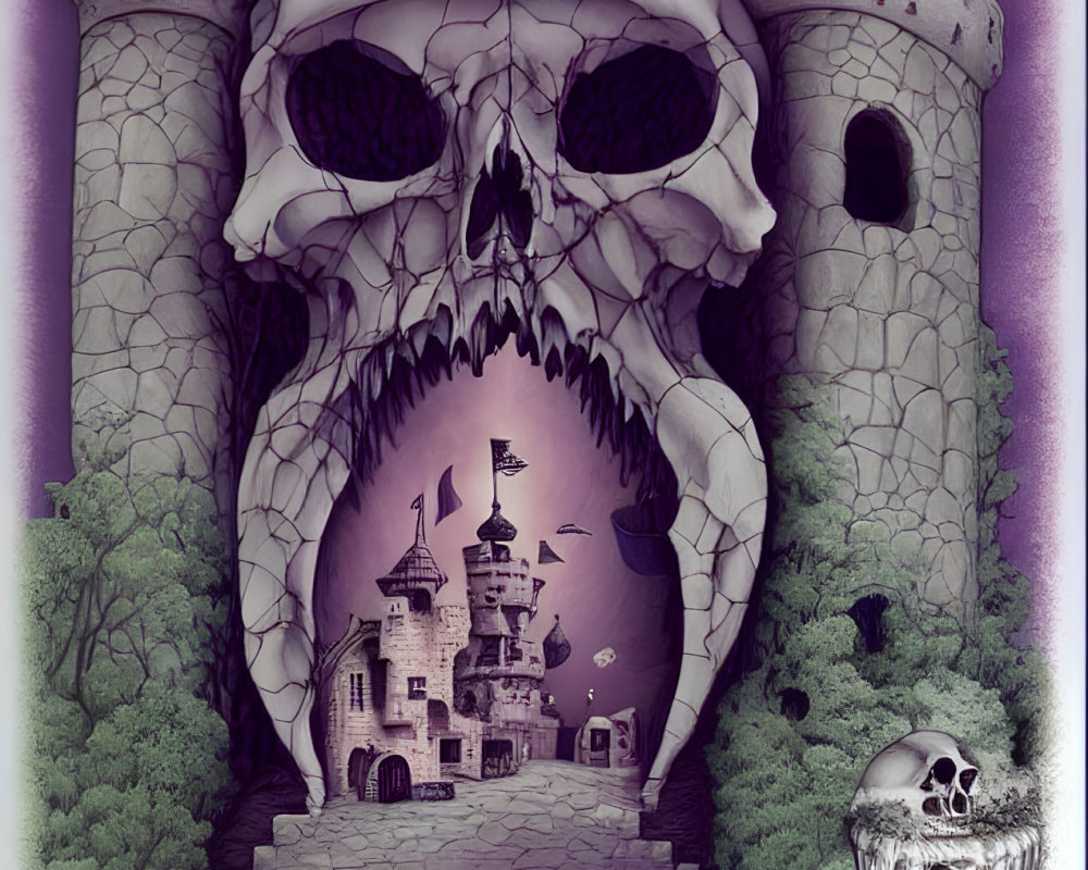 Fantasy artwork: Skull-shaped mountain with castle and towers at base