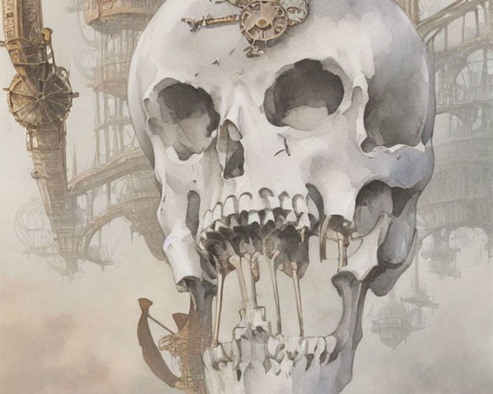 Steampunk-inspired skull with mechanical gears among airships and metallic structures