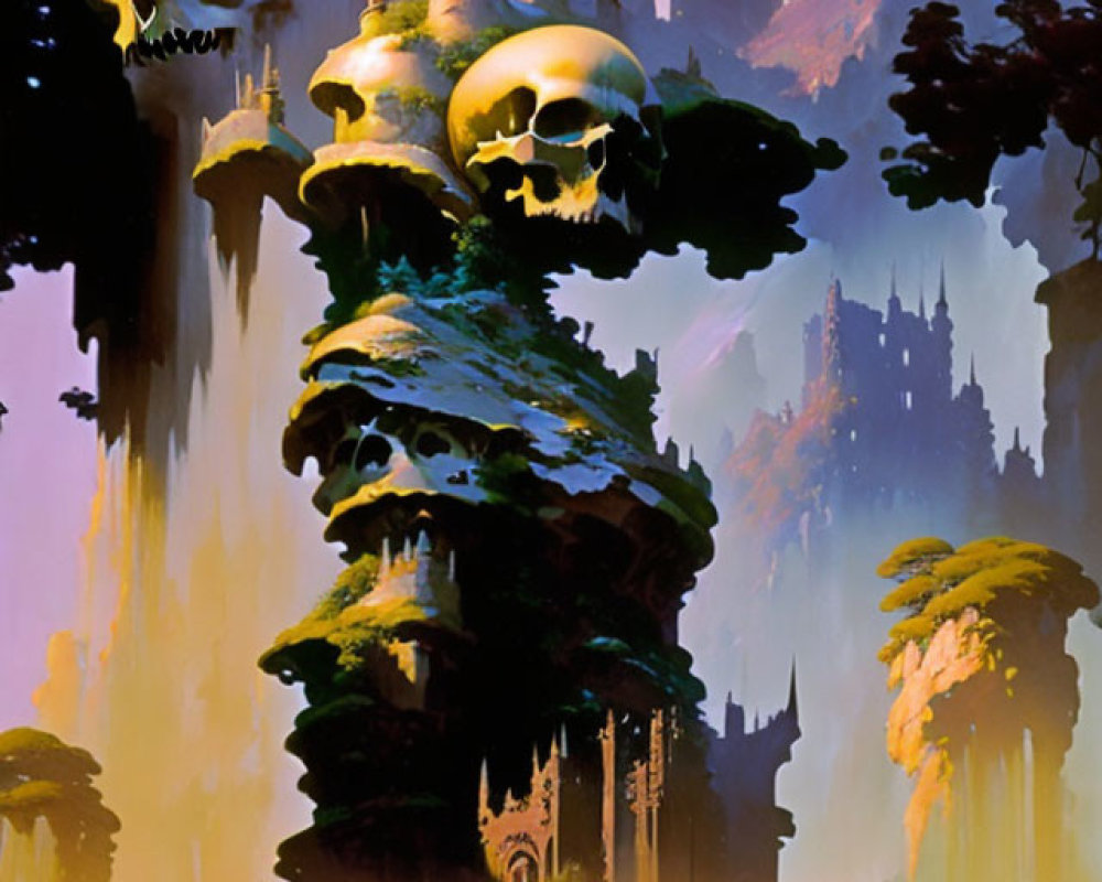 Fantastical painting of towering rock structure with skull-shaped caves and gothic spires against amber sky