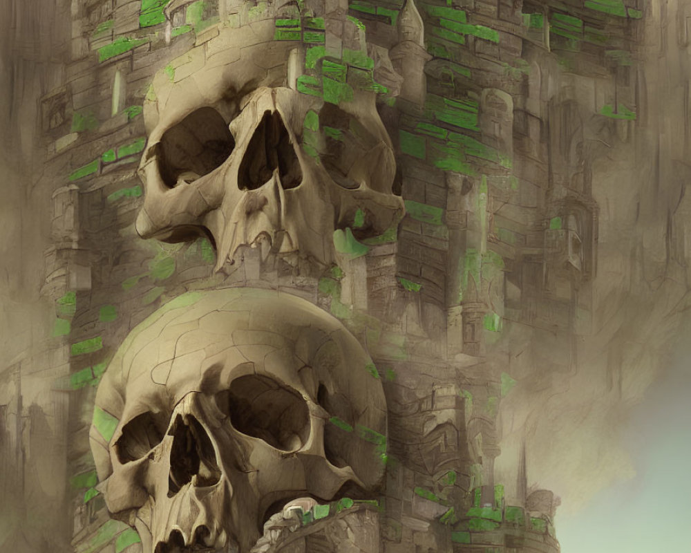 Skull-shaped stone fortress with ruins and greenery