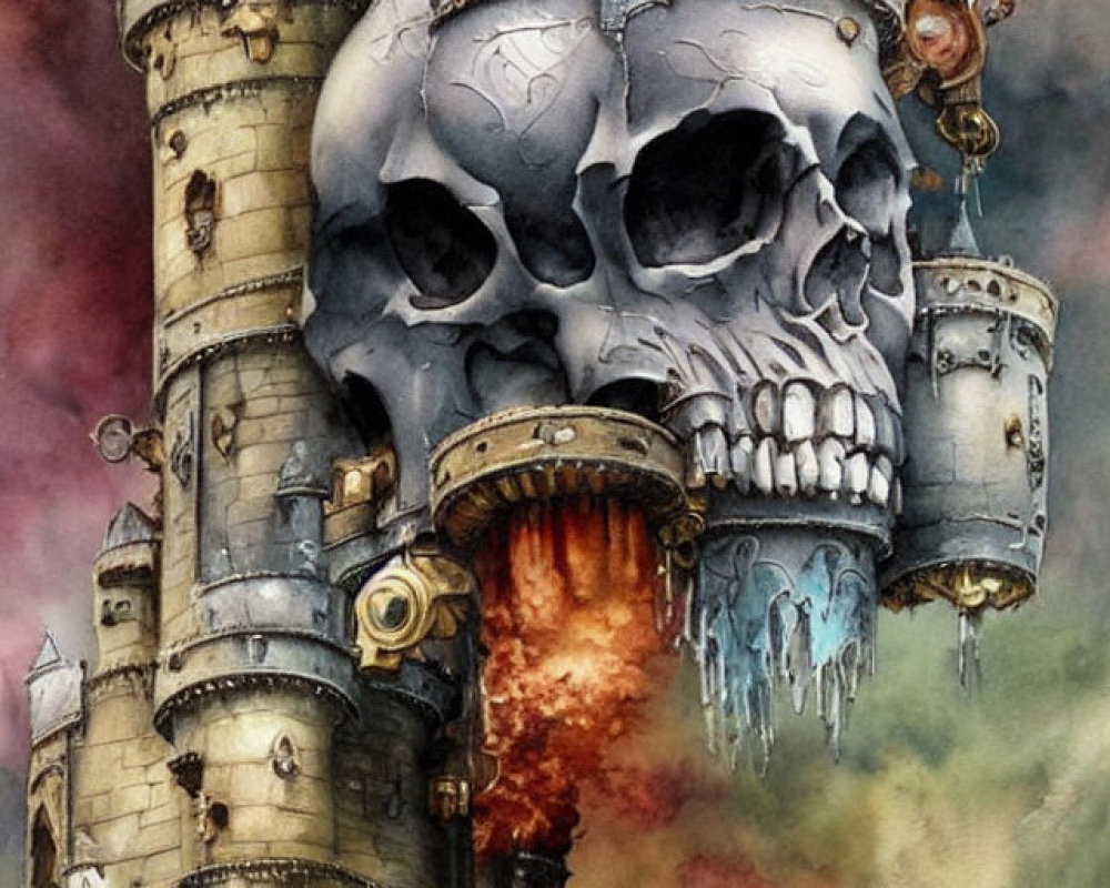 Gothic fantasy castle with skull features and fiery blast in dark, cloudy setting