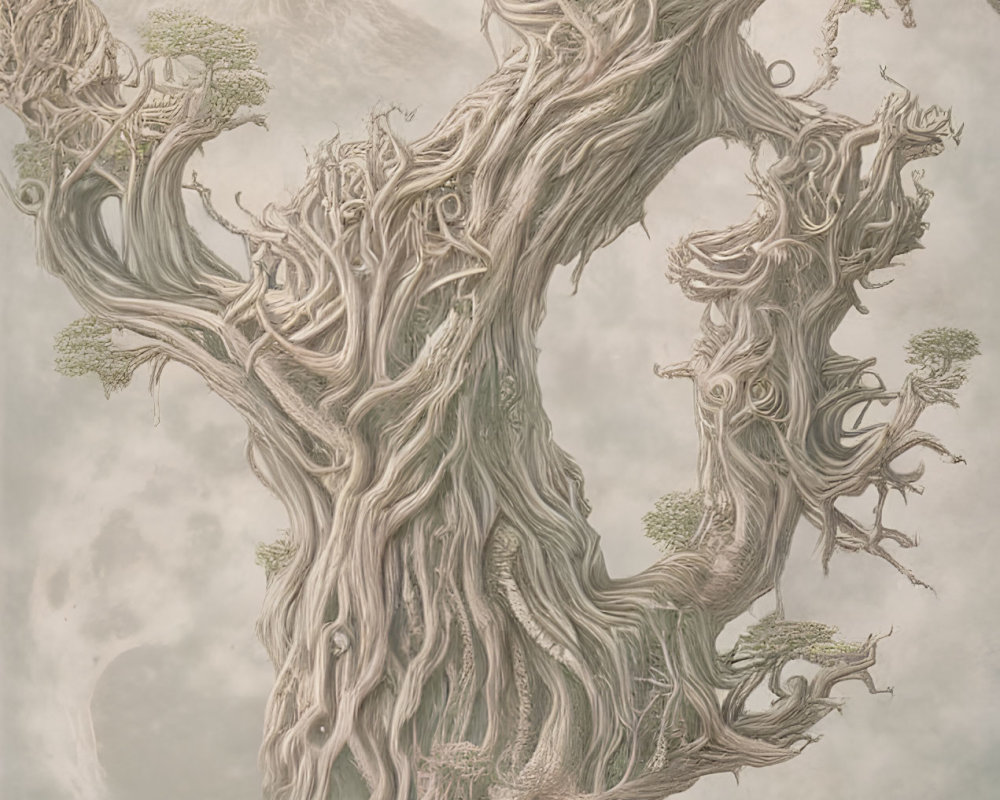 Ethereal illustration of ancient trees in misty mountainous setting