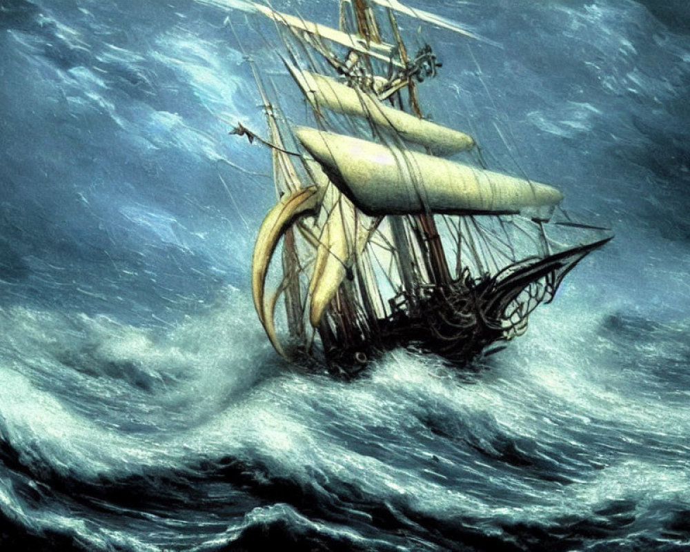 Tall Ship Painting: White Sails in Stormy Blue Waves