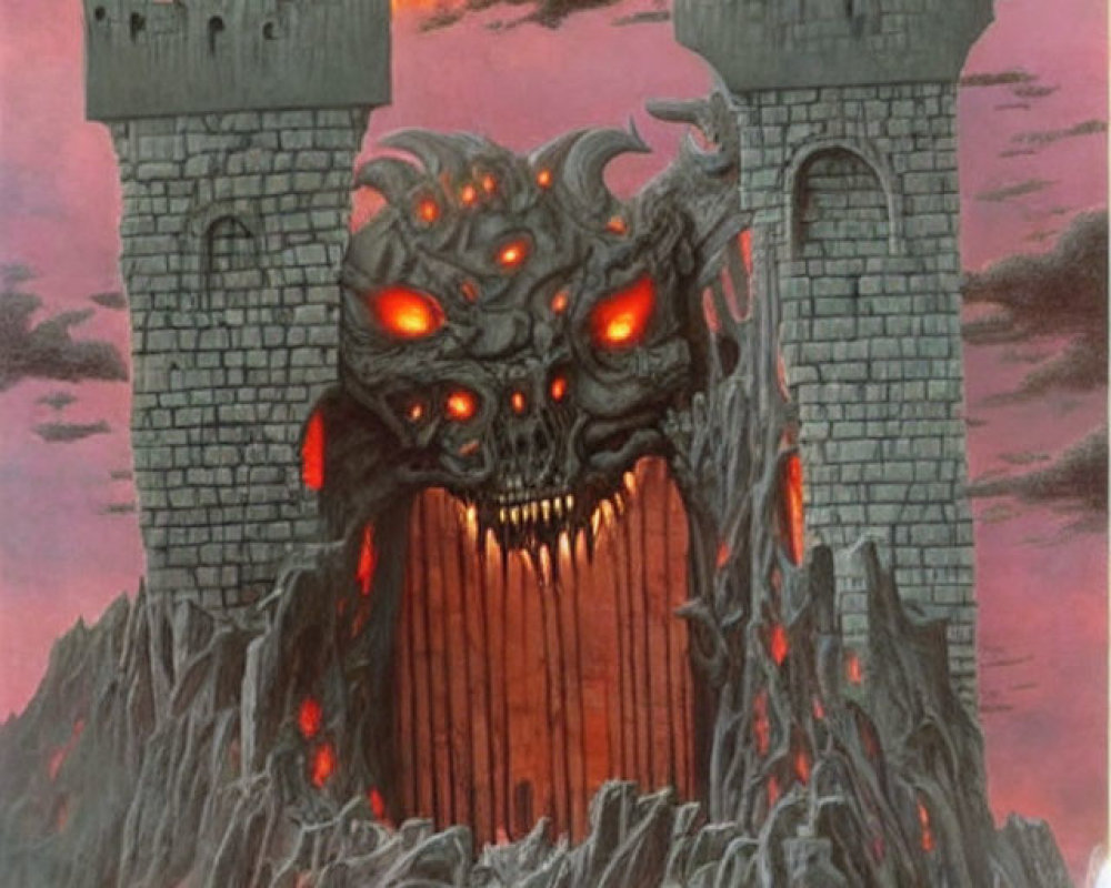 Mythical dragon-like creature with multiple red eyes emerging from castle gate on craggy mountain under