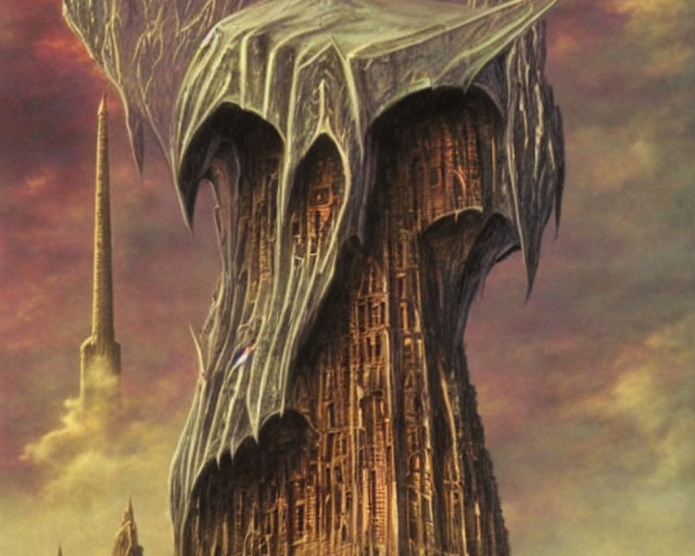 Fantasy tower with spiked protrusions under red sky