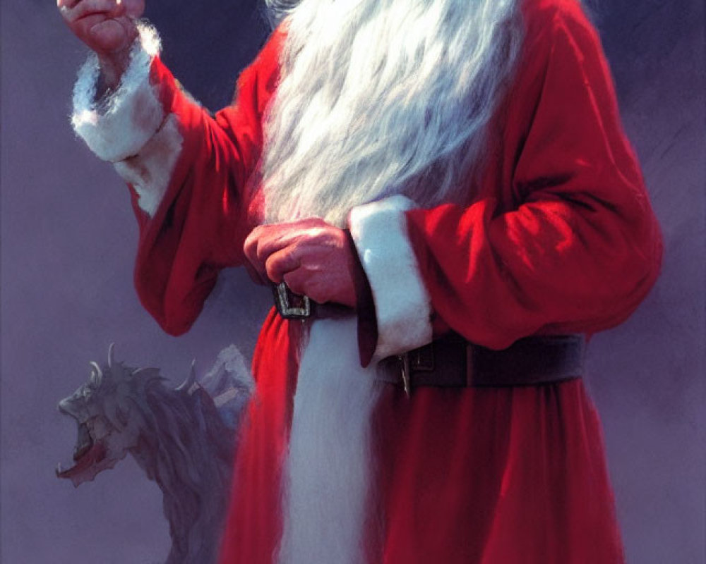 Santa Claus with icy spear and white wolf illustration