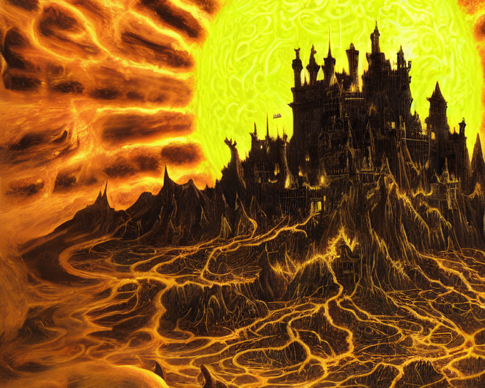 Fantastical landscape with glowing sun, volcanic terrain, and detailed castle