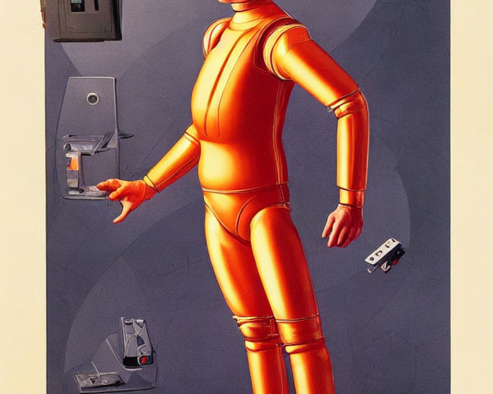 Futuristic orange spacesuit with robotic hand illustration