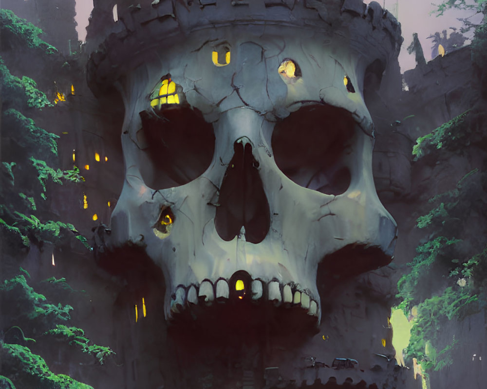 Skull-shaped structure with glowing windows amidst overgrown ruins and vegetation at dusk