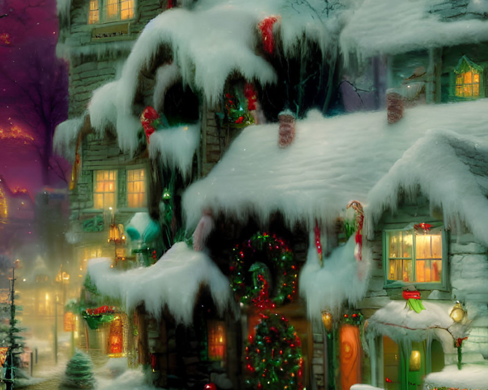 Snow-covered building with Christmas decorations in festive winter scene