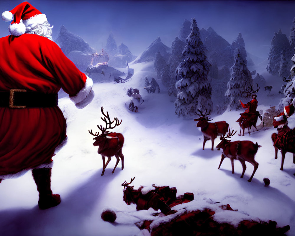 Santa Claus with reindeer in snowy landscape under deep blue sky