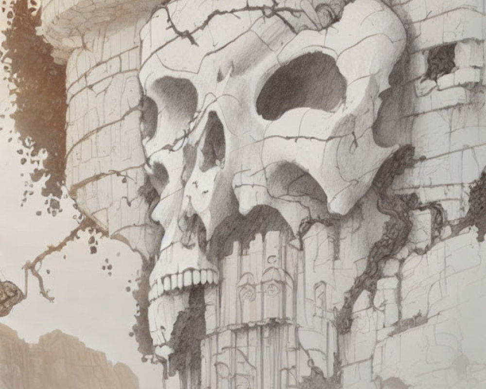 Skull-shaped mountain with integrated castle, cliffs, and floating debris in sepia tones