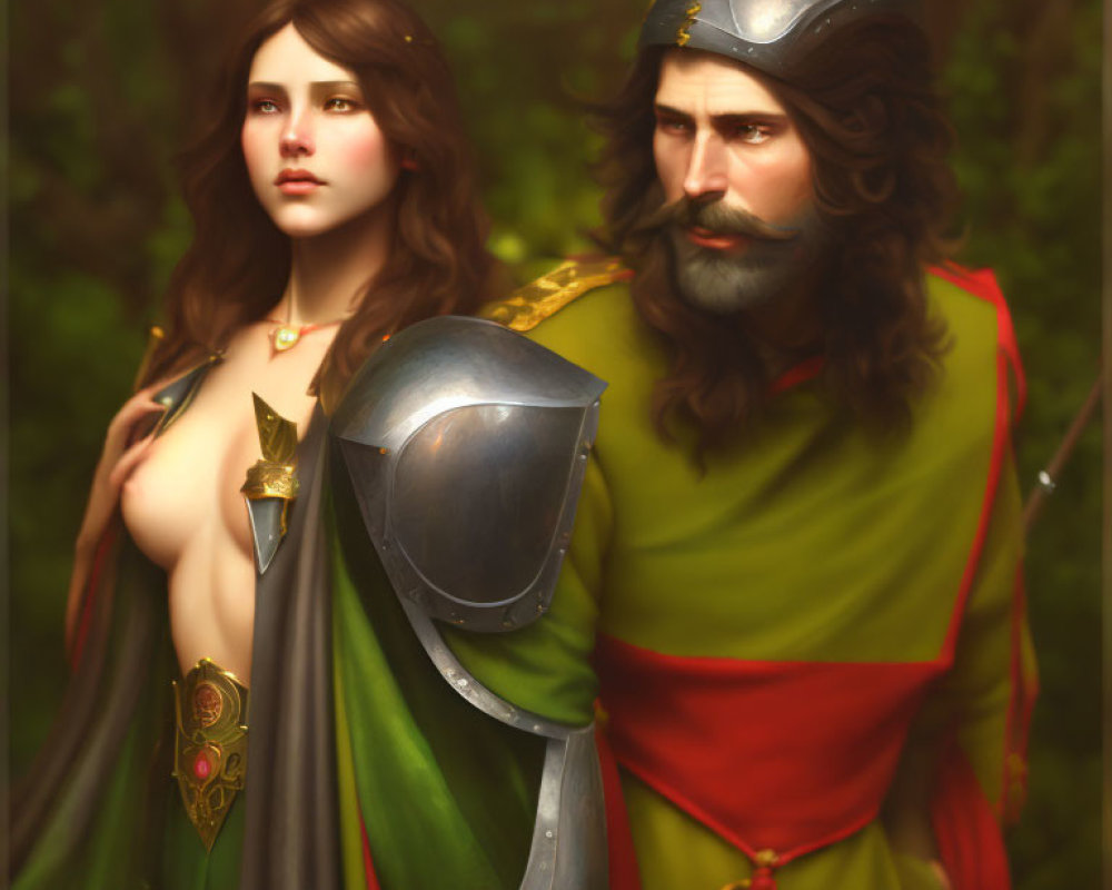 Knight in armor and woman with elf-like ears in fantasy illustration