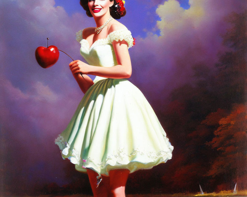 Vintage-style illustration of smiling woman with apple and fruit hat.