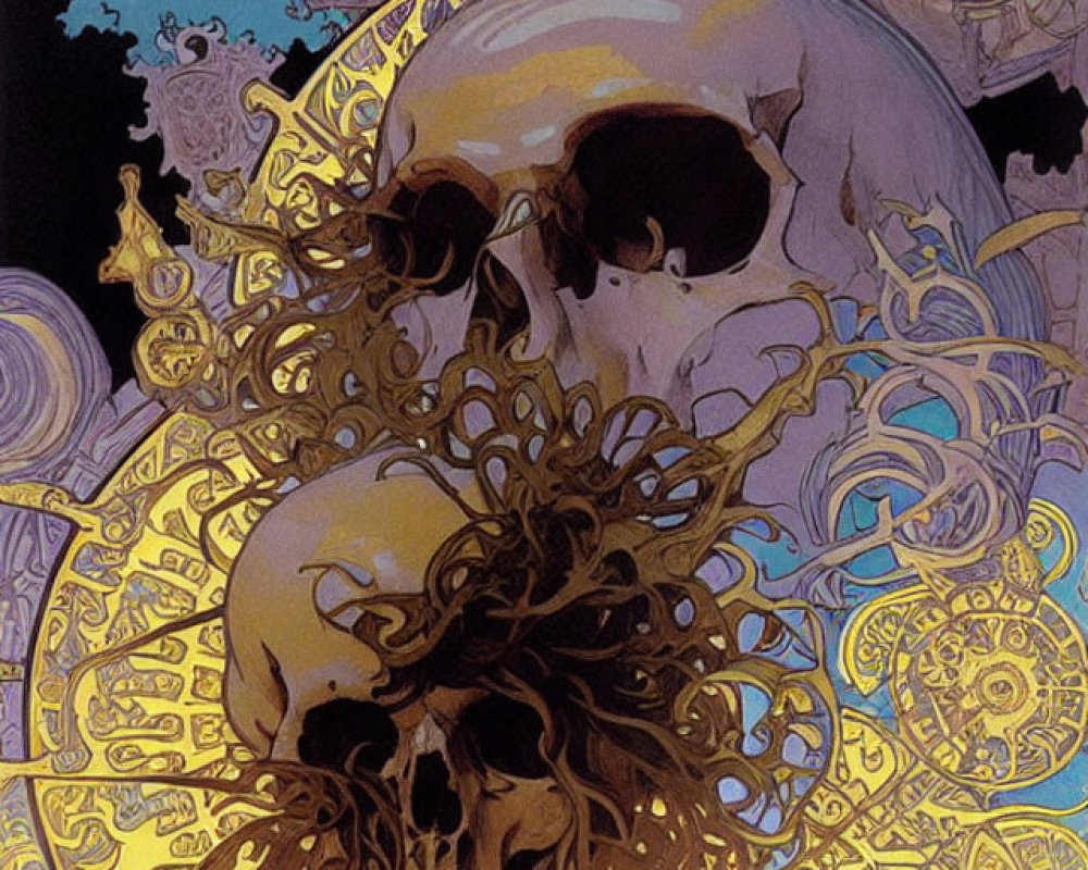 Detailed Illustration of Two Skulls with Swirling Patterns and Clockwork Background