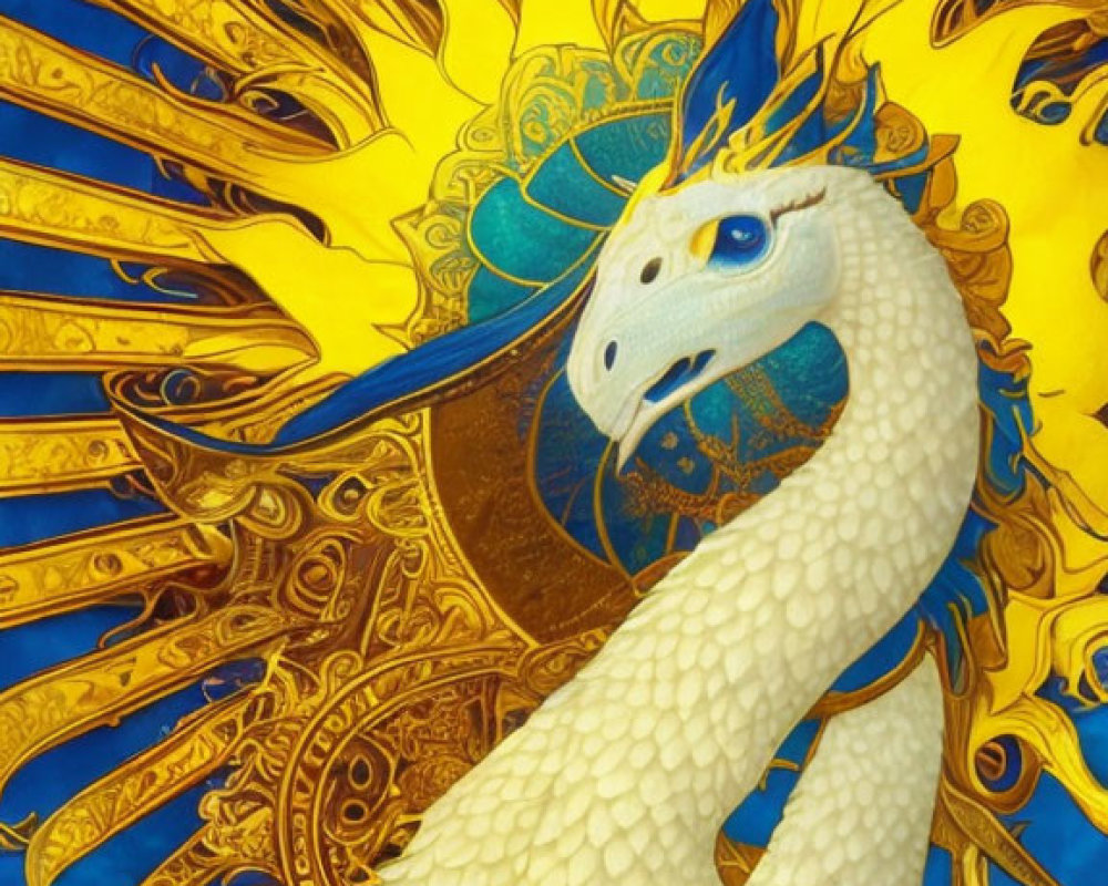 Majestic white dragon with golden mane on blue background