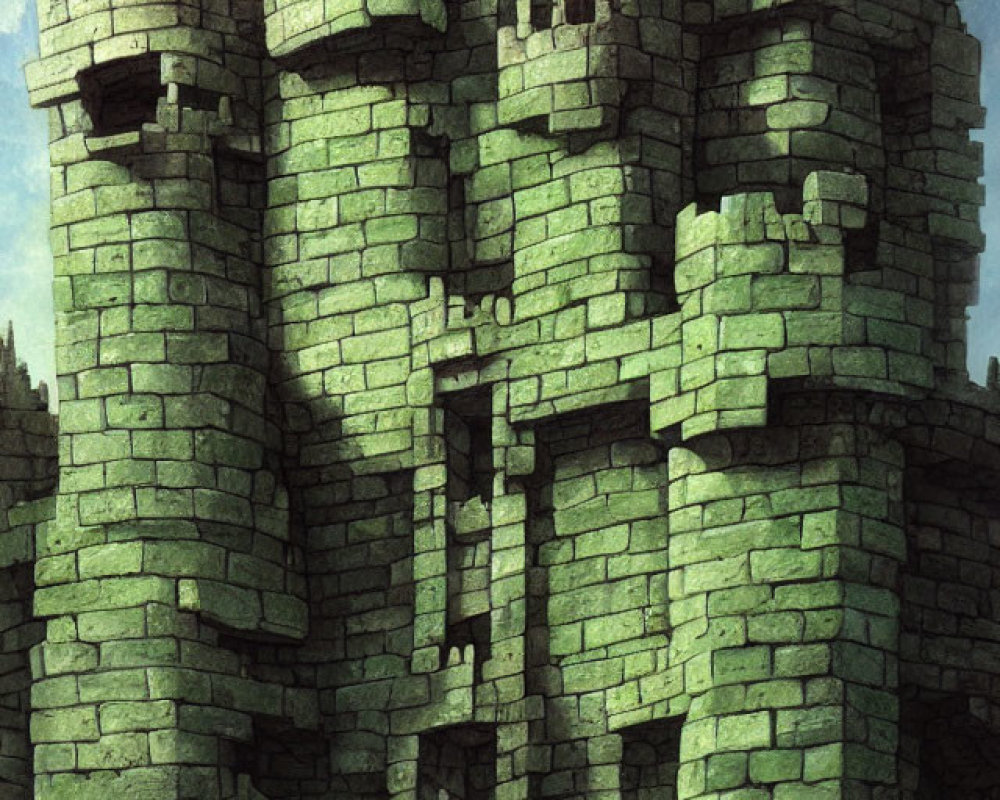 Foreboding Green Stone Tower with Skull-like Structures and Lone Figure