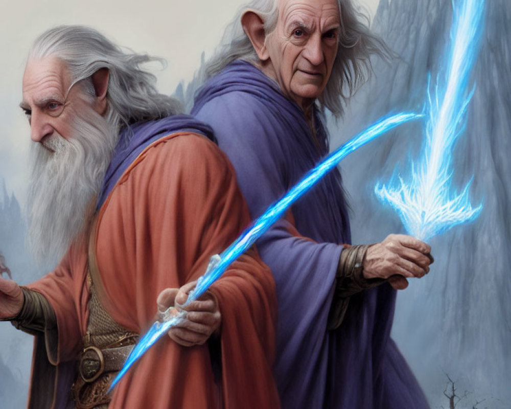 Two wizards in orange and purple robes with long white beards holding glowing blue staves in misty