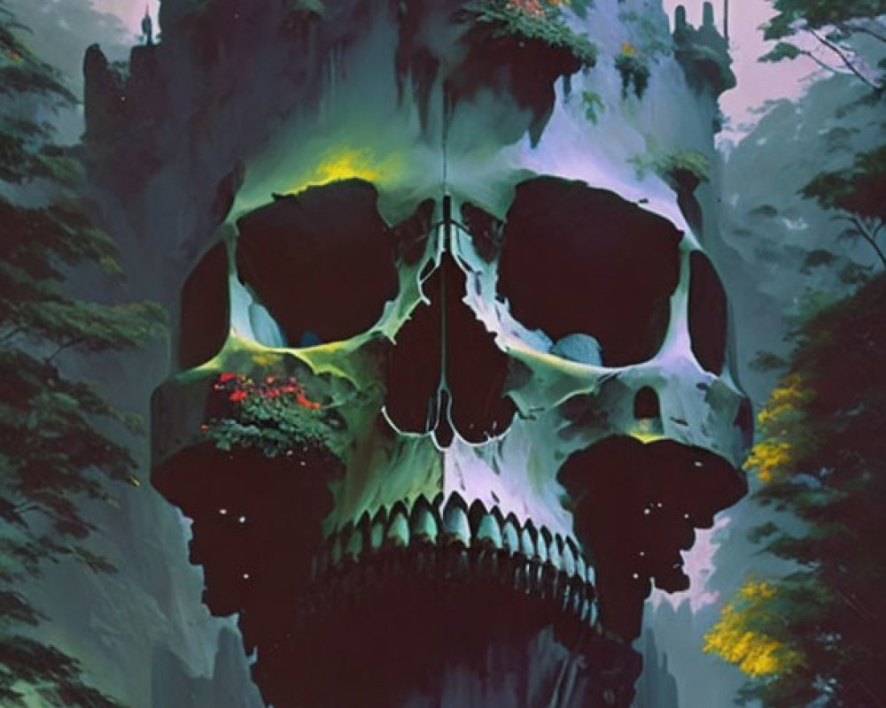 Fantastical castle in giant skull with misty forest and green river