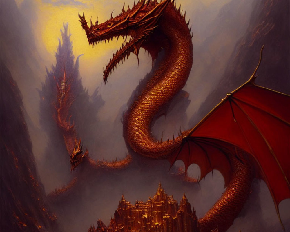 Red Dragon Soars Over Golden City in Ochre Sky