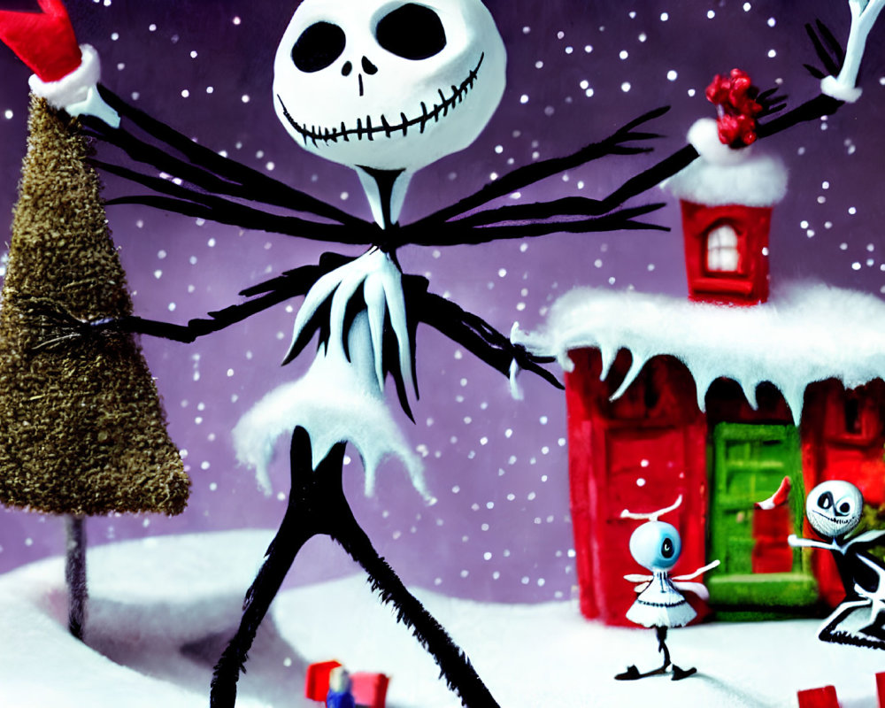 Animated festive scene with skeleton in Santa hat among Christmas decorations