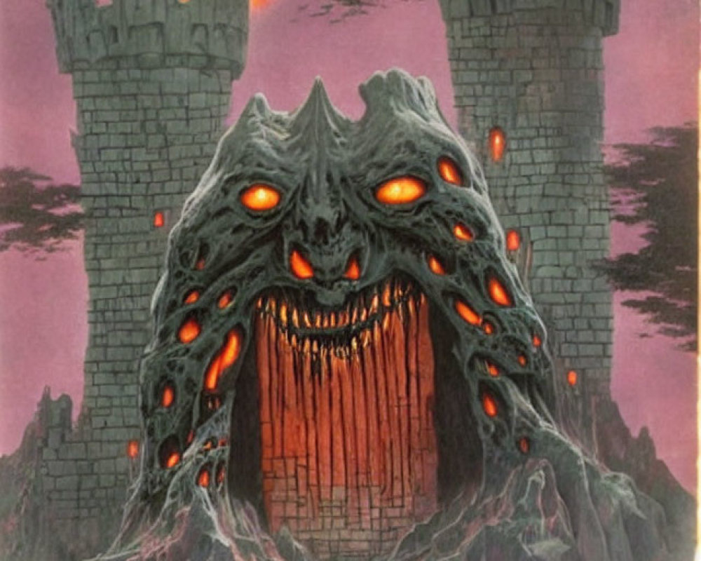 Monstrous face with red eyes and multiple mouths in volcanic landscape