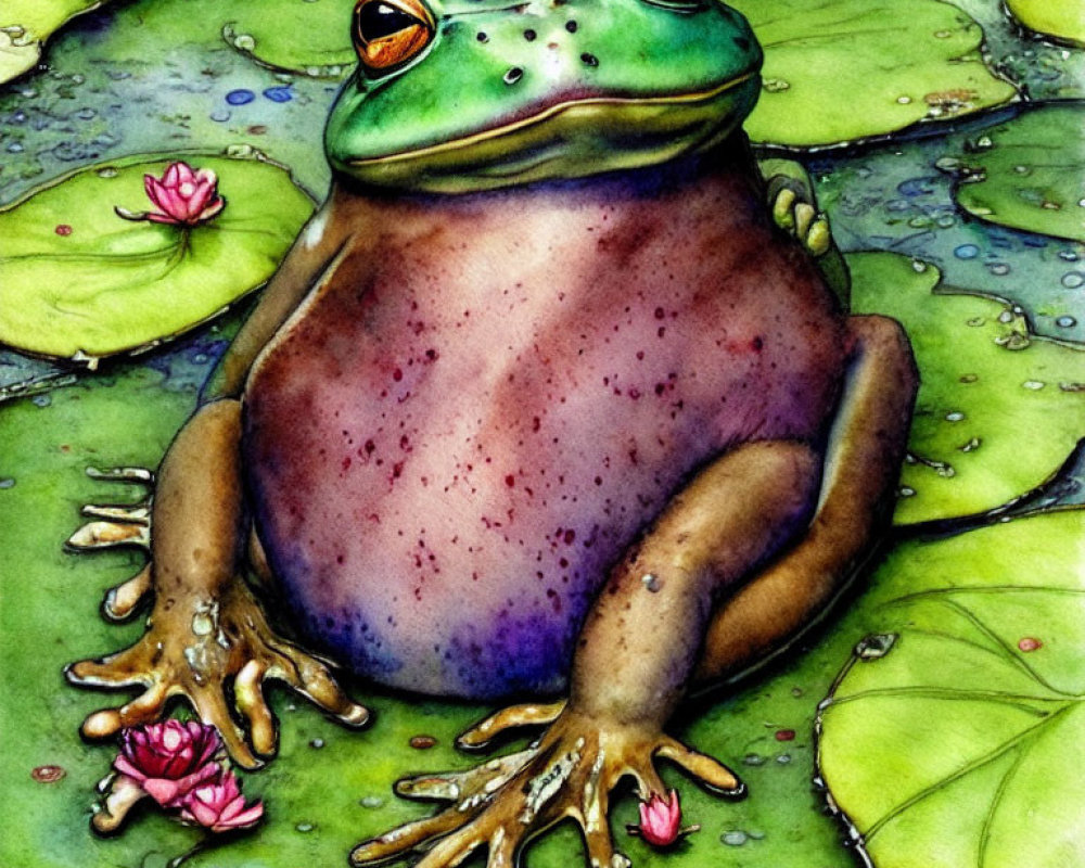 Vibrant illustration of plump green frog on lily pad with pink flowers