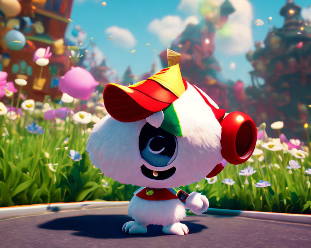 Fluffy one-eyed white creature with red hat and hydrant backpack in whimsical flower field