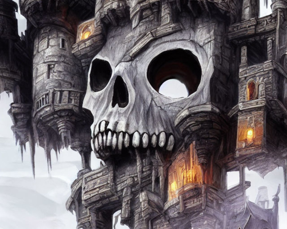 Foreboding castle with skull-like architecture on craggy peak