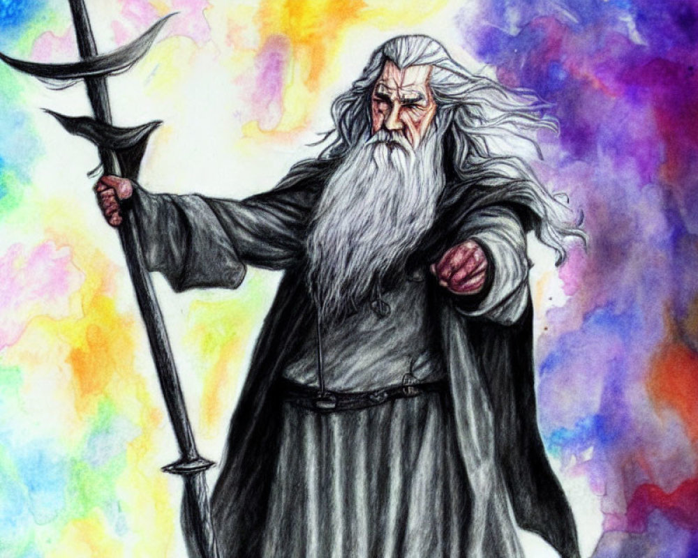 Elderly wizard with long beard and staff on colorful background