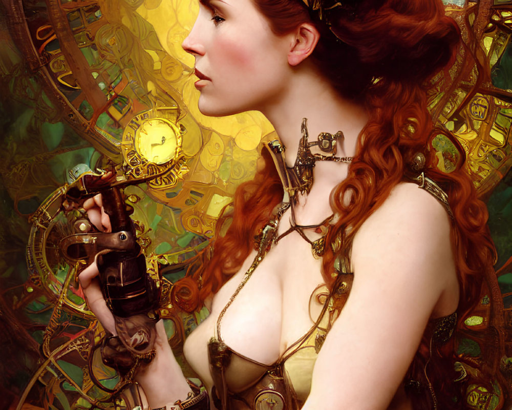 Red-haired woman with gears in steampunk setting holding mechanical device