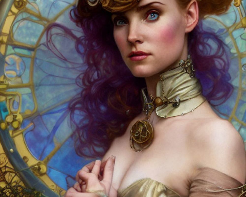 Steampunk-themed woman with clockwork hat in fantasy setting