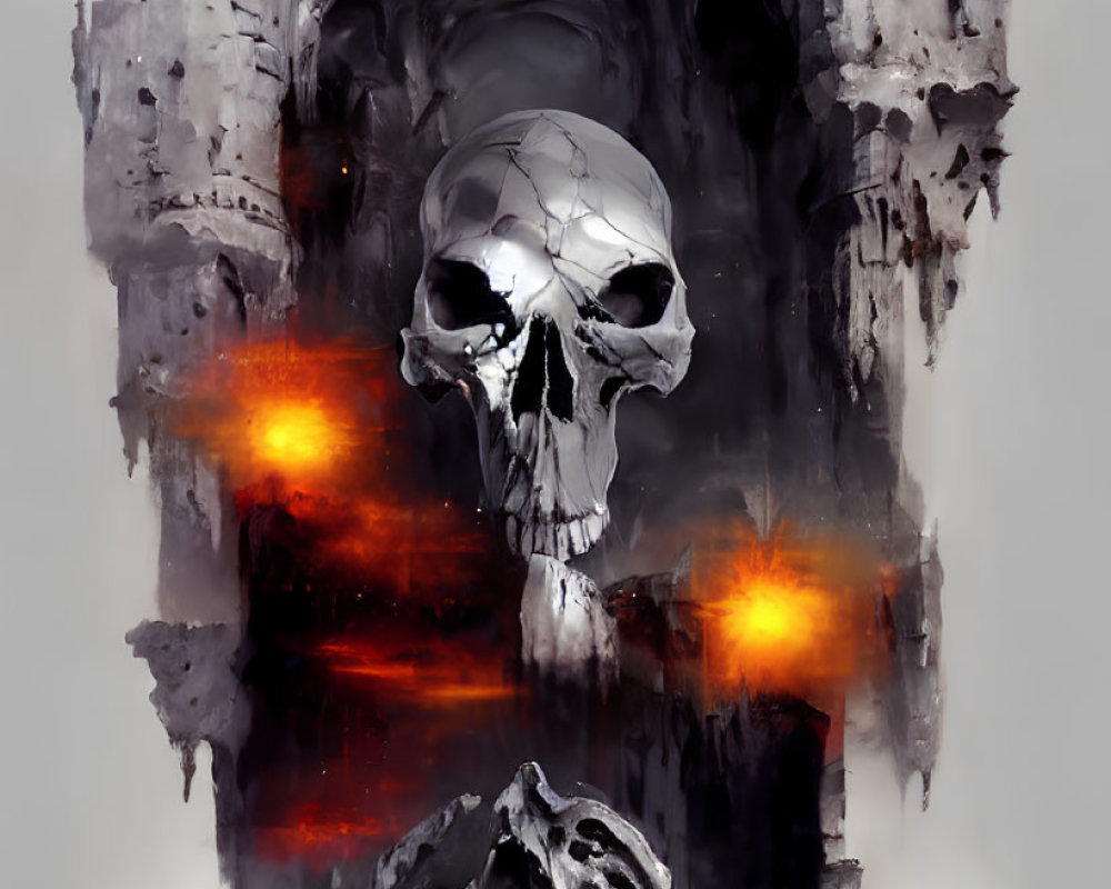 Dark fantasy artwork featuring skull-shaped structure with glowing orange eyes in foggy ruins