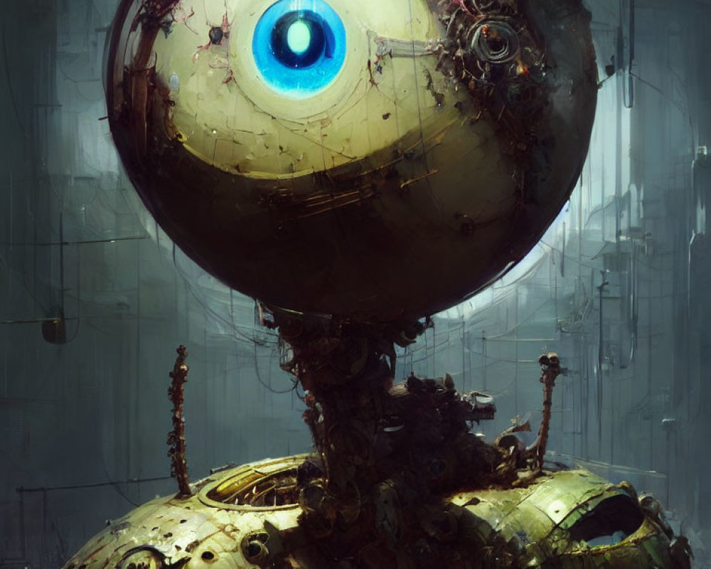 Prominent blue-eyed spherical robot in industrial setting