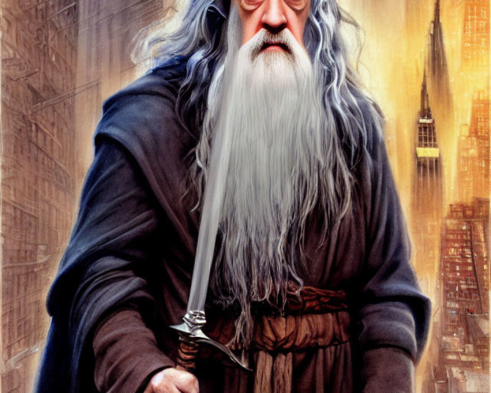 Elderly bearded wizard with sword and staff in cityscape illustration