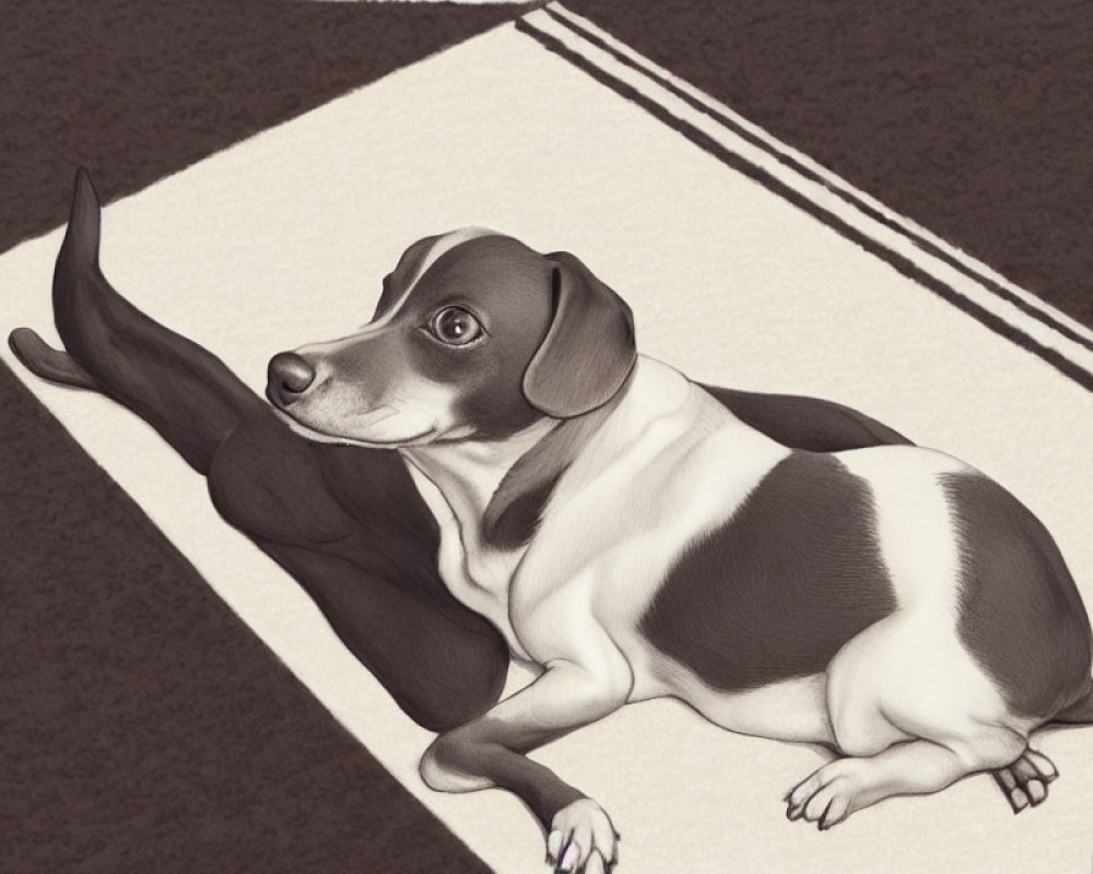 Monochrome sketch of dachshund on patterned rug