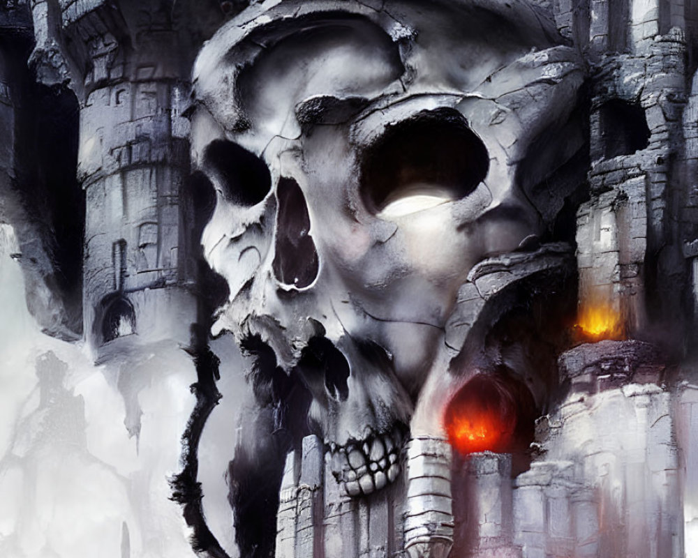 Fantastical artwork of castle merged with giant skull, torches ablaze