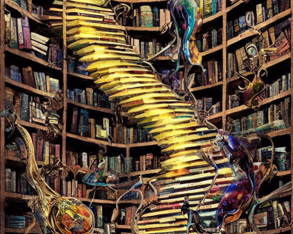 Fantastical library with book staircase, floating instruments, creatures, and tomes.