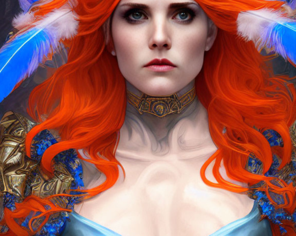 Vibrant orange hair and blue feathered ears in gold and blue attire against a mystical forest.