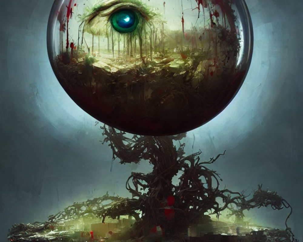 Giant eye in sphere on gnarled tree: surreal floating island scene