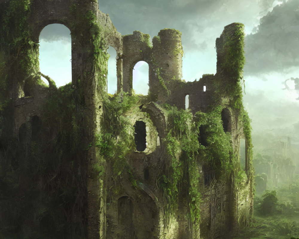 Overgrown ancient ruins under cloudy sky