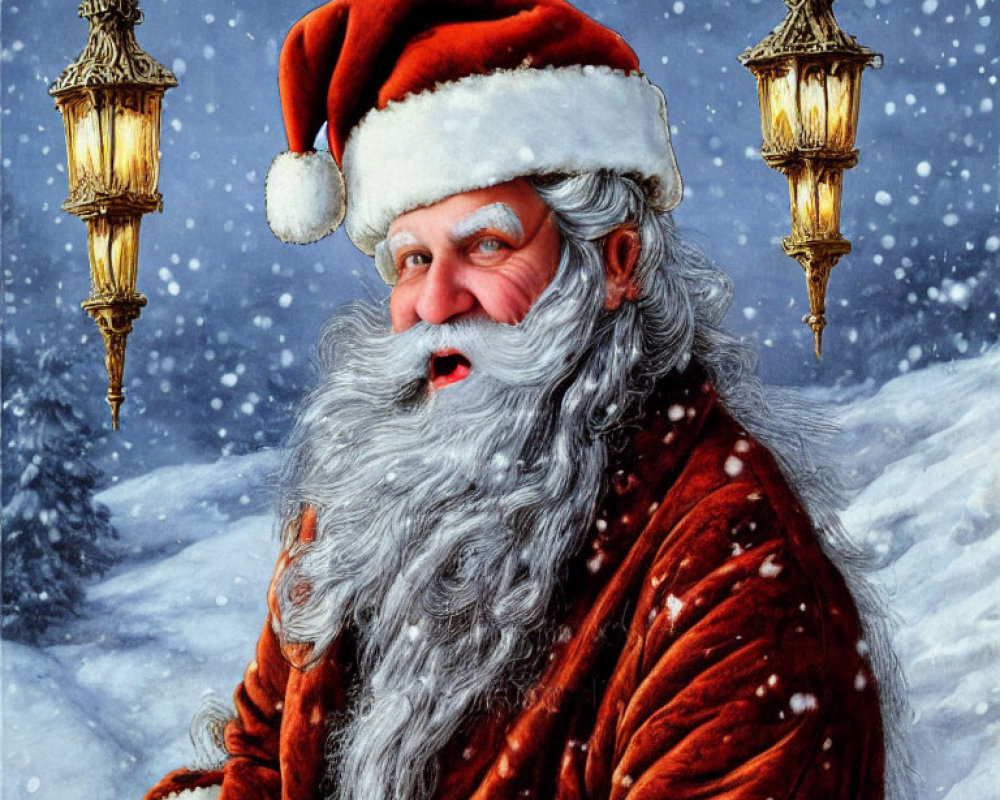 Detailed Santa Claus Illustration in Red Suit and Snowy Background