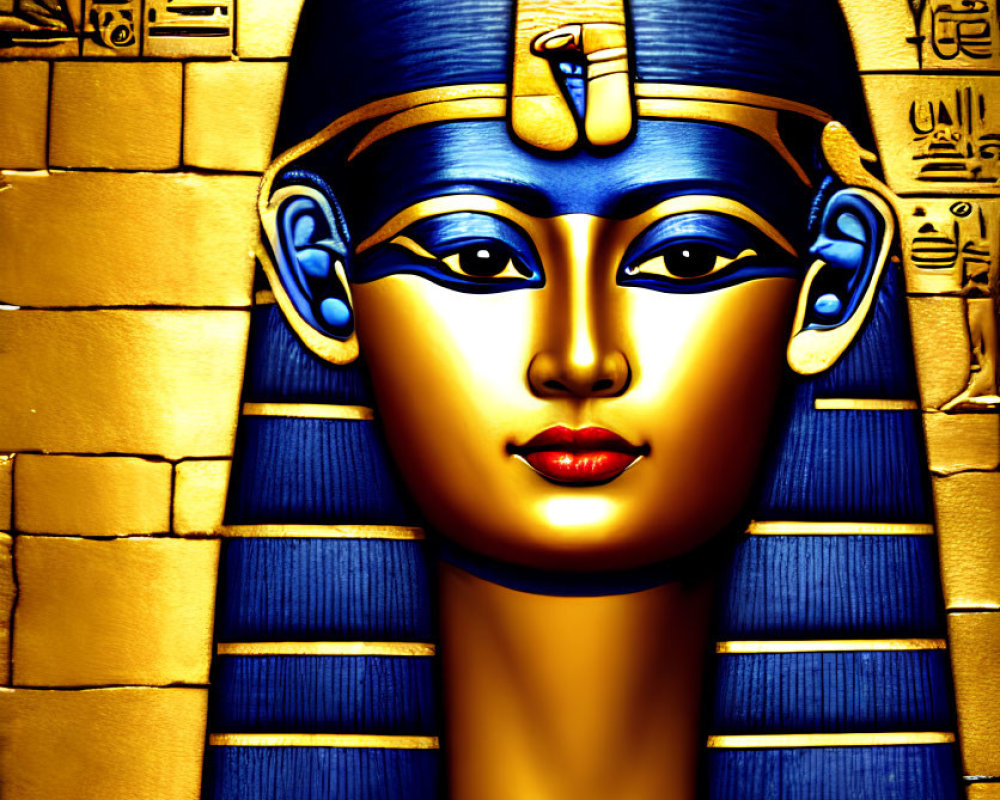 Colorful Illustration: Egyptian Pharaoh with Traditional Headdress and Hieroglyphics