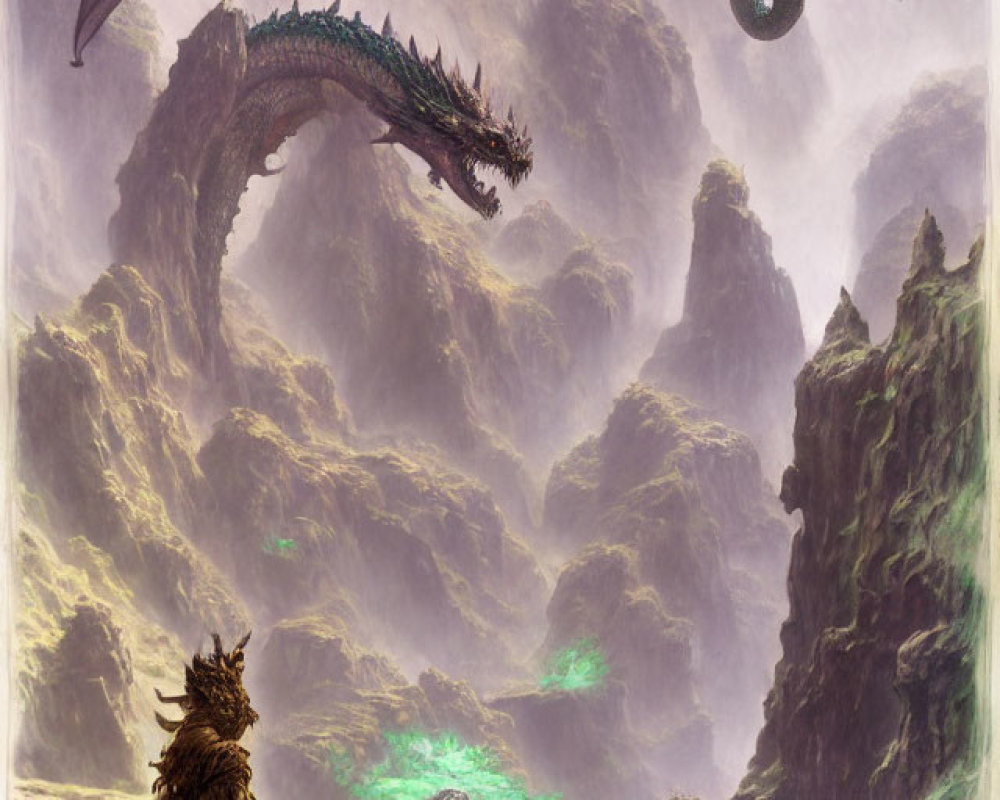 Fantasy landscape with flying dragons and robed figure in front of glowing green caverns.